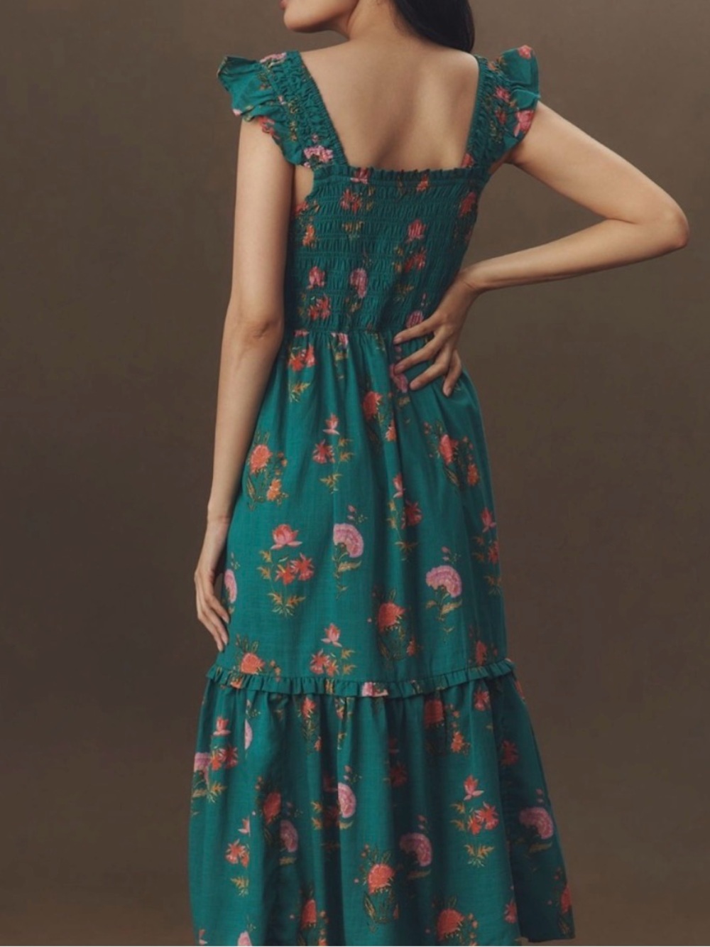 Anthropologie Peregrine Square Neck Midi Dress Pockets Smocked Flounce Teal Pink - Picture 4 of 16